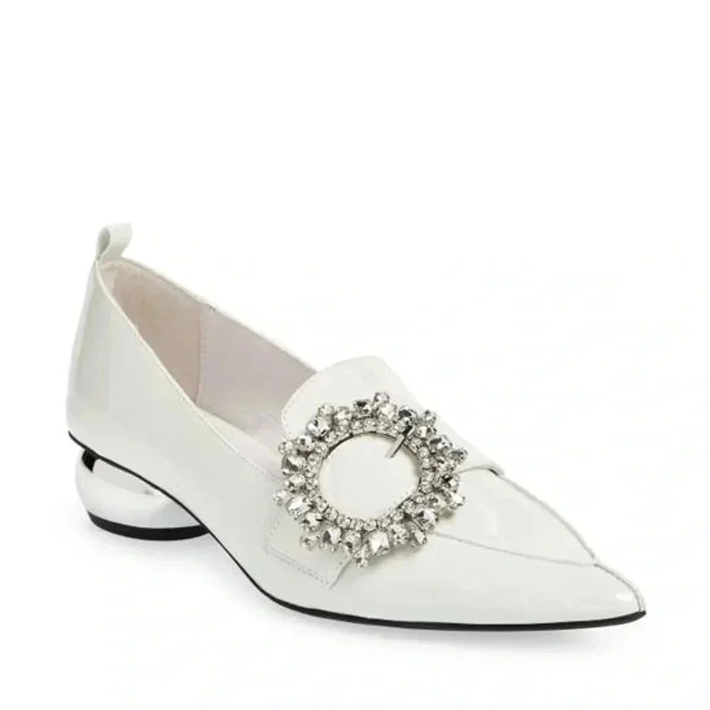 VIONA CRYSTAL BUCKLE PUMP IN BEIGE CRINKLE PATENT CLEAR